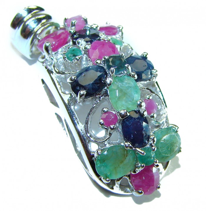 Precious Genuine 10.5 carat Emerald Ruby Sapphire .925 Sterling Silver handmade Pendant