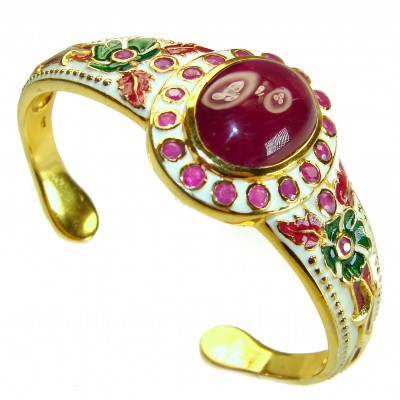 Floral Design Genuine 22.5 carat Ruby Enamel 18K Gold over .925 Sterling Silver Bracelet / Cuff