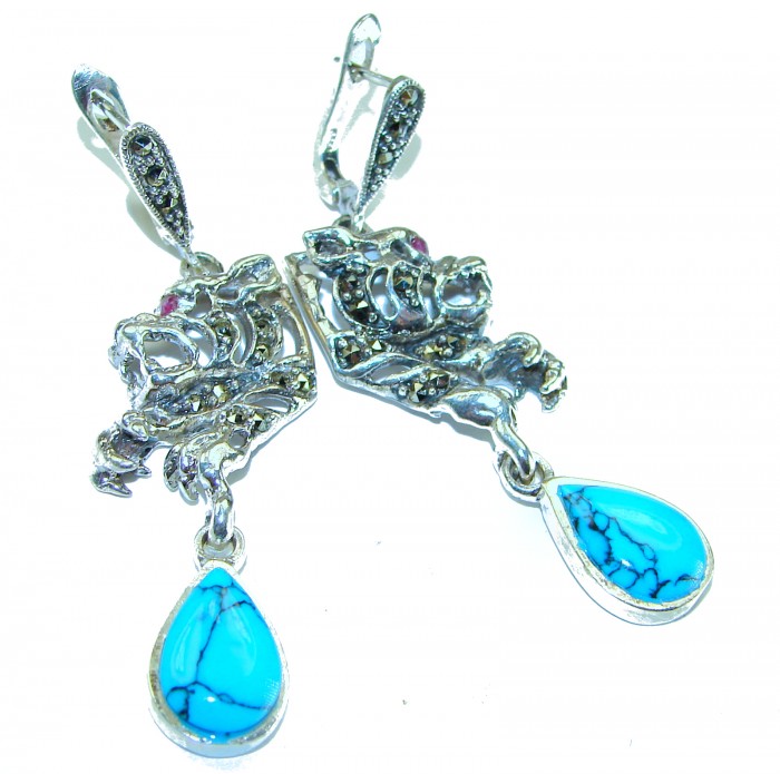 Spectacular Panthers Blue Turquoise .925 Sterling Silver handcrafted Earrings