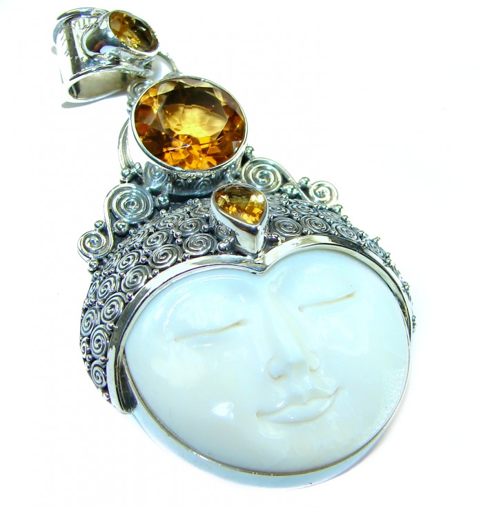 7Moonface - Authentic Carved Ox Bone 6.8 carat Citrine .925 Sterling Silver Pendant