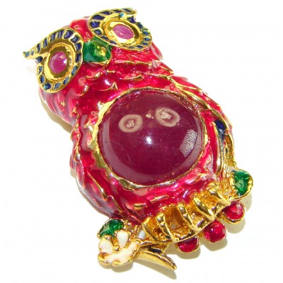 Wisdom and Unseen World - Owl- Genuine 10.5 carat Ruby enamel .925 Sterling Silver handmade Pendant - Brooch