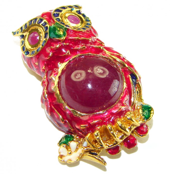 Wisdom and Unseen World - Owl- Genuine 10.5 carat Ruby enamel .925 Sterling Silver handmade Pendant - Brooch