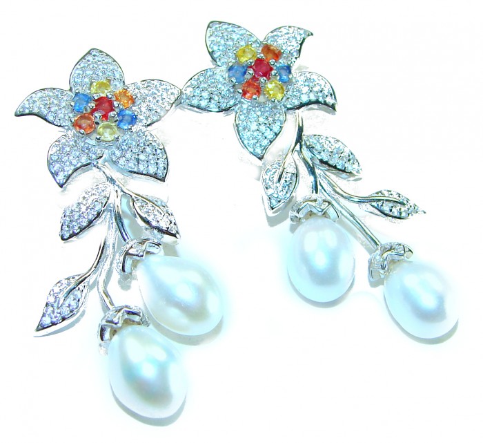 Precious white freshwater Pearl multicolor Sapphire .925 Sterling Silver handcrafted earrings