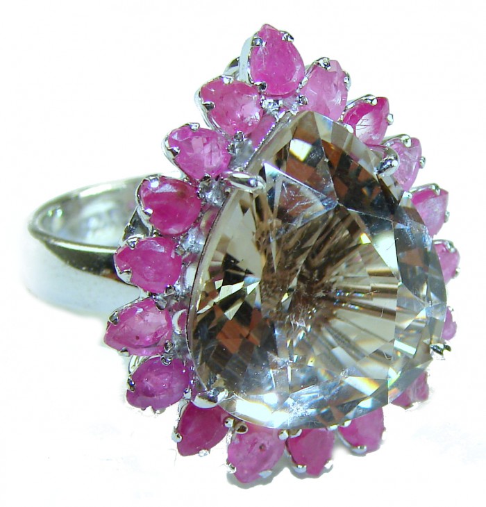 Egyptian Night 15.5 carat Champagne Smoky Topaz Ruby .925 Sterling Silver Ring size 8 1/2