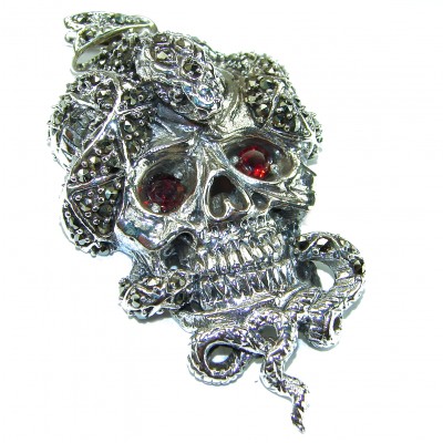 Huge Scary Ghost Rider Ruby Authentic Ruby Marcasite .925 Sterling Silver handcrafted Pendant