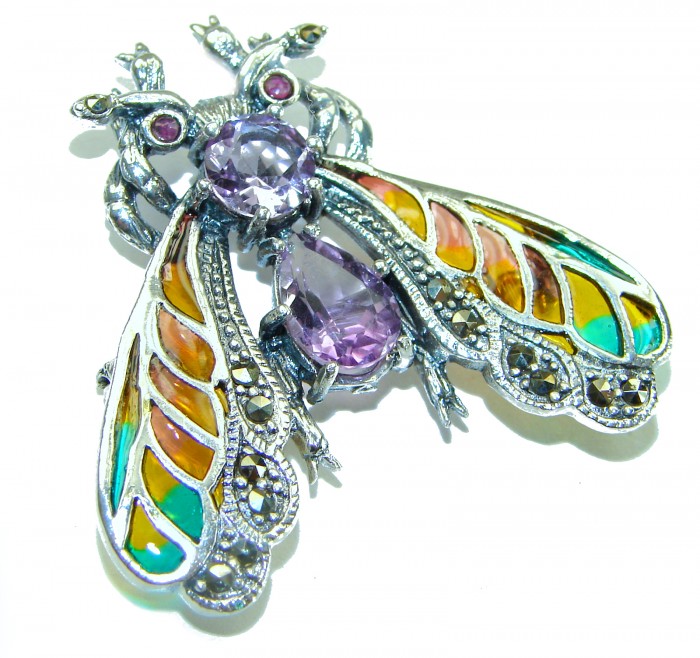 Precious Bee genuine Amethyst Enamel .925 Sterling Silver handmade Pendant - Brooch