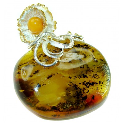The King of the Sea Giant Authentic Golden Baltic Amber 18K Gold over .925 Sterling Silver handmade Pendant
