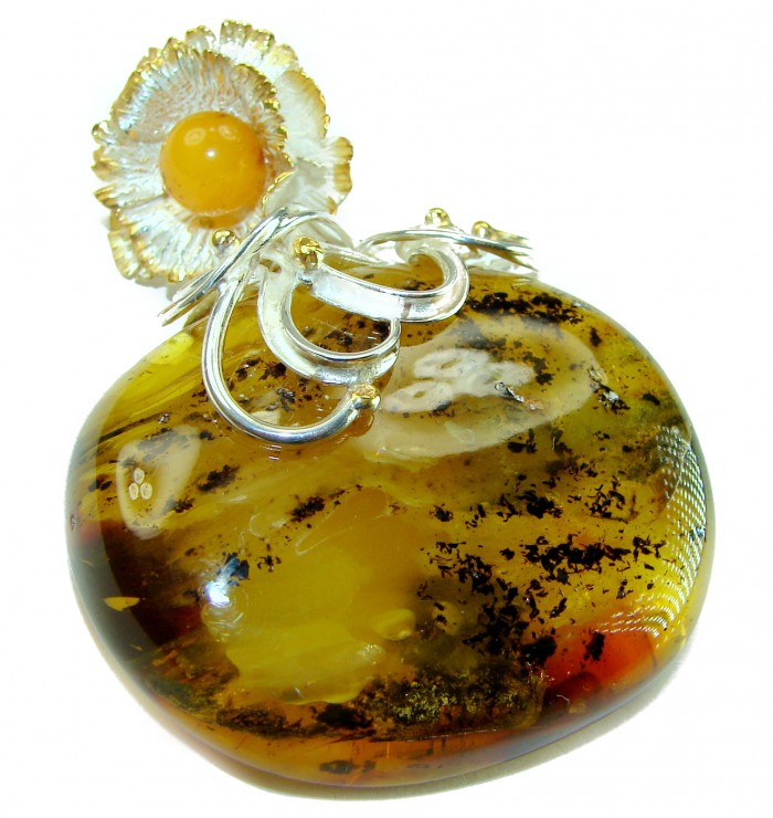 The King of the Sea Giant Authentic Golden Baltic Amber 18K Gold over .925 Sterling Silver handmade Pendant