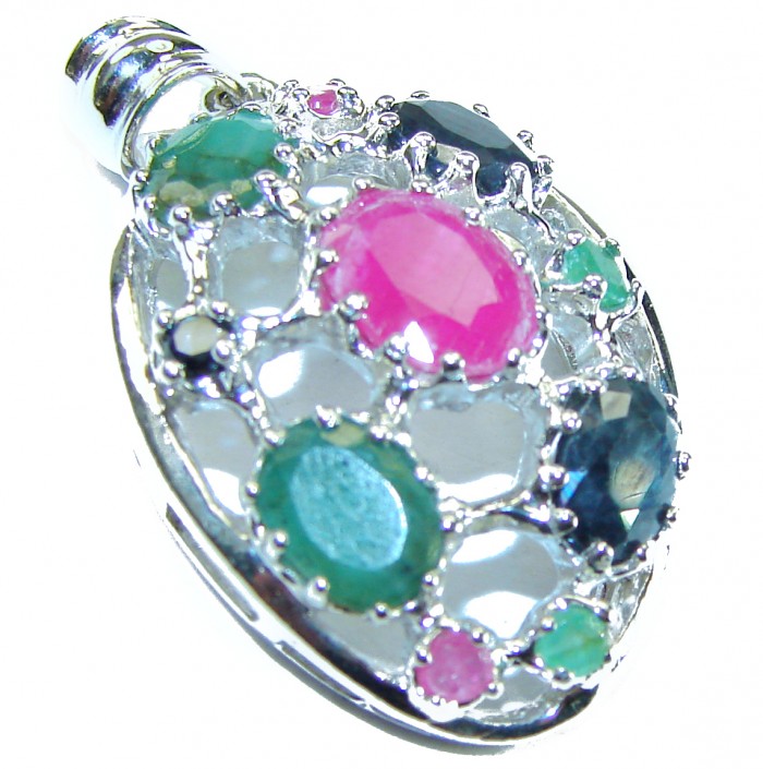 Precious Genuine 10.5 carat Emerald Ruby Sapphire .925 Sterling Silver handmade Pendant