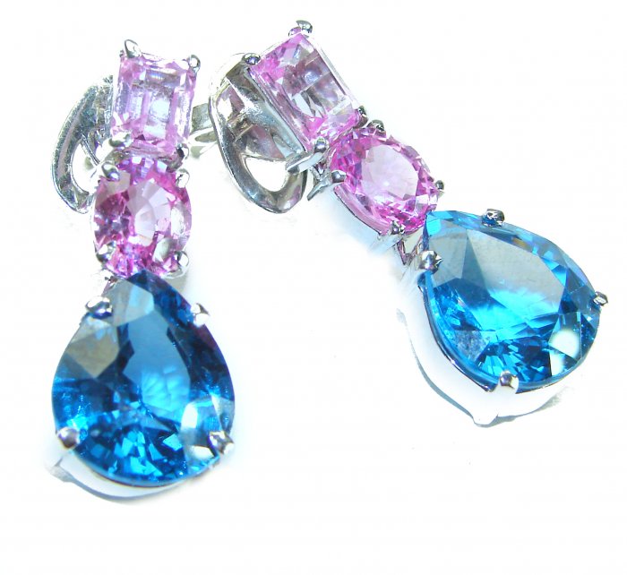 Summer 22.5 carat Pink Sapphire Swiss Blue Topaz .925 Sterling Silver handmade Statement earrings - video