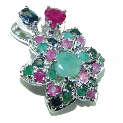 Precious Genuine 17.5 carat Emerald Ruby Sapphire .925 Sterling Silver handmade Pendant