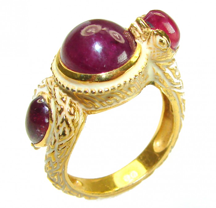 Solid Natural 9.5 carat Ruby Enamel 18K Gold over .925 Sterling Silver handmade Statement Ring size 8