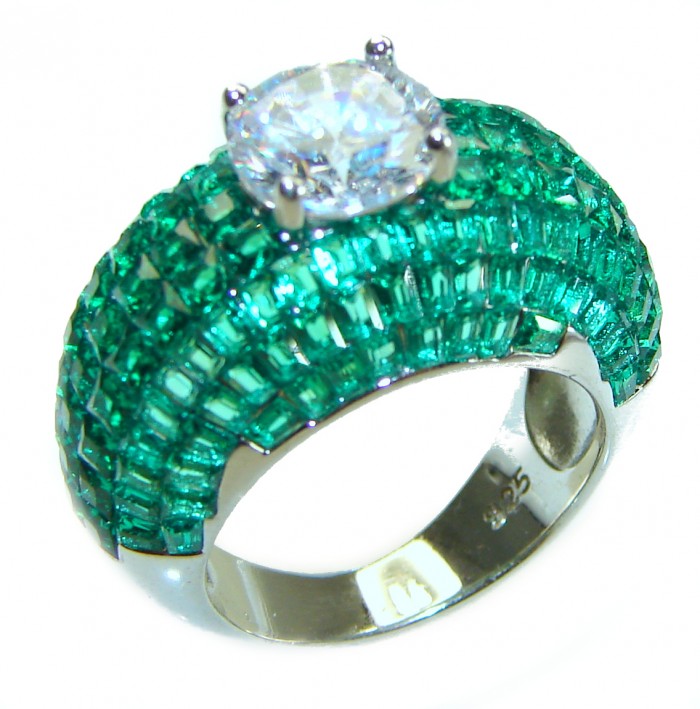 Endlessly Enchanting - White Topaz & Authentic Emerald .925 Sterling Silver handmade Statement Ring size 6