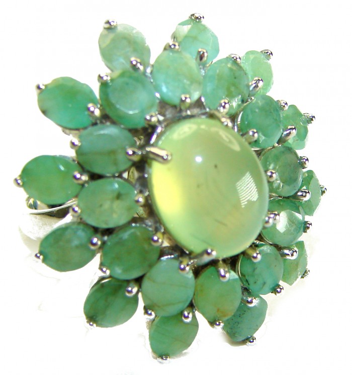Born to Glam authentic 15.9 carat Colombian Emerald Prehnite .925 Sterling Silver handcrafted ring s. 8