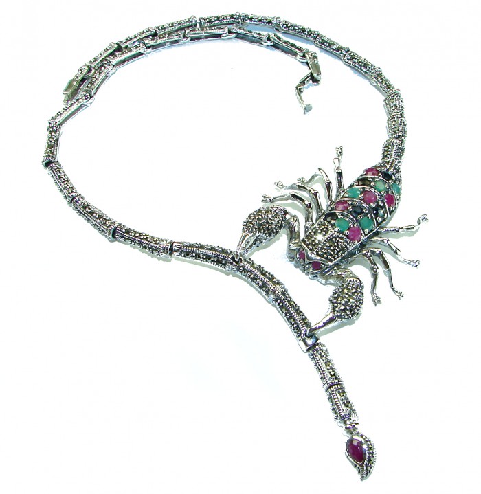 Large SCORPIO Genuine Ruby Emerald Marcasite .925 Sterling Silver handmade handcrafted Necklace