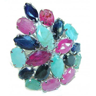 Large - natural 26.5 carat natural Ruby Emerald Sapphire .925 Sterling Silver handmade Statement Ring size 7