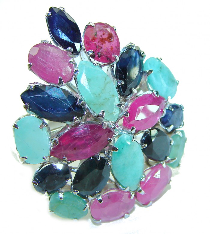 Large - natural 26.5 carat natural Ruby Emerald Sapphire .925 Sterling Silver handmade Statement Ring size 7