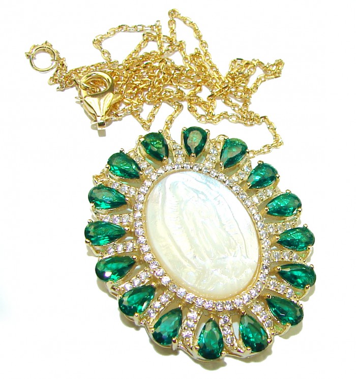 Virgin MARY Precious Blister Pearl Chrome 14.5 CARAT Diopside 18K Gold over .925 Sterling Silver Necklace