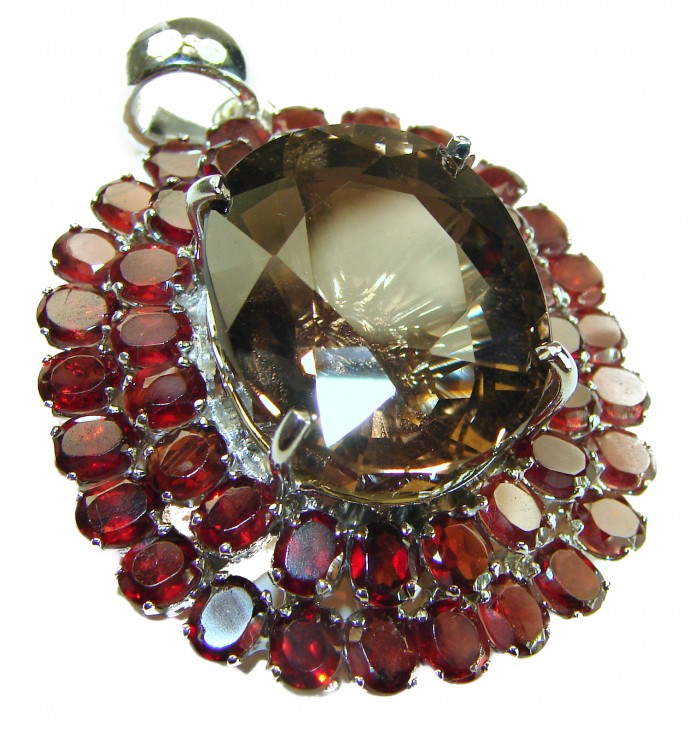 Authentic 45.5 carat carved Smoky Topaz Garnet .925 Sterling Silver handmade Statement Pendant