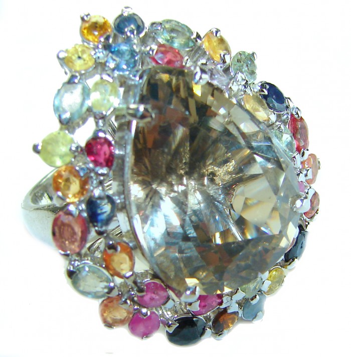 Egyptian Night 22.5 carat Champagne Topaz multicolored Sapphire .925 Sterling Silver Ring size 8