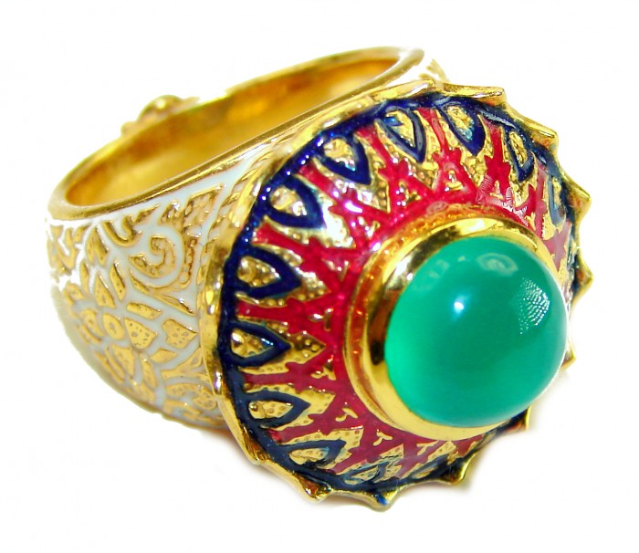 Purity Wisdom Prosperity 4.5 carat Jade Enamel 18K Gold over .925 Sterling Silver Huge handcrafted Ring s. 6