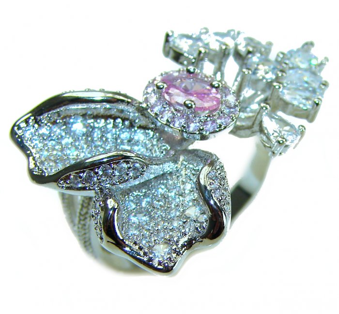 Floral design 3.2 carat Pink Kunzite .925 Sterling Silver ring s. 7 1/2 - video