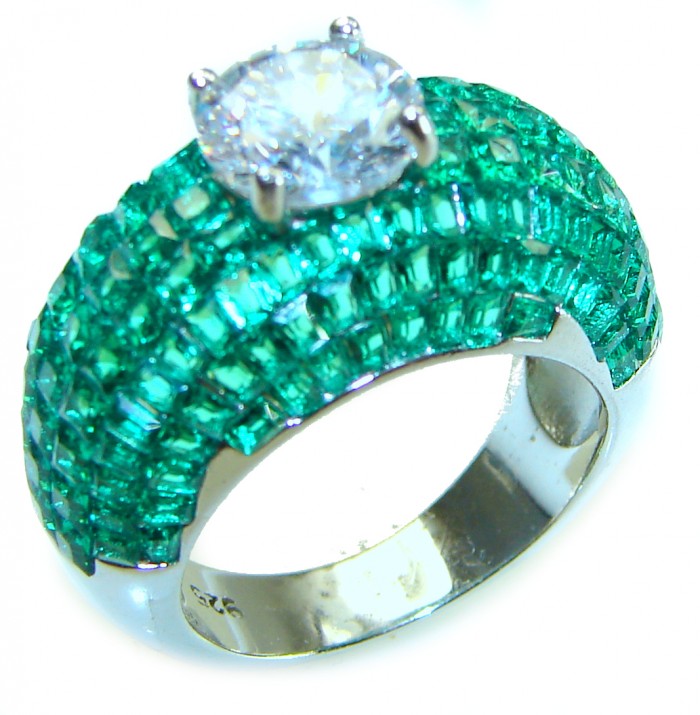Endlessly Enchanting - White Topaz & Authentic Emerald .925 Sterling Silver handmade Statement Ring size 7