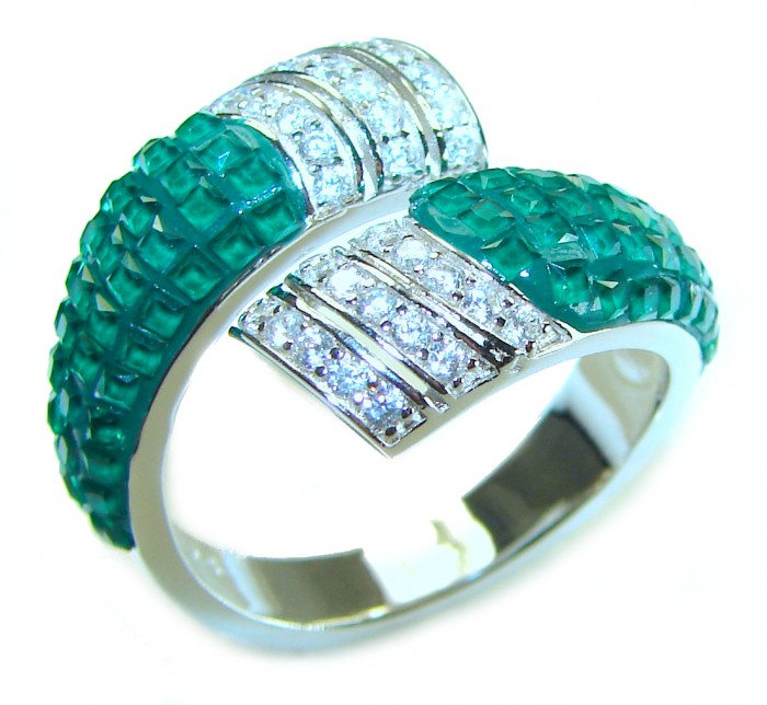 Art Deco 5.8 carat Emerald .925 Sterling Silver handcrafted Ring size 8