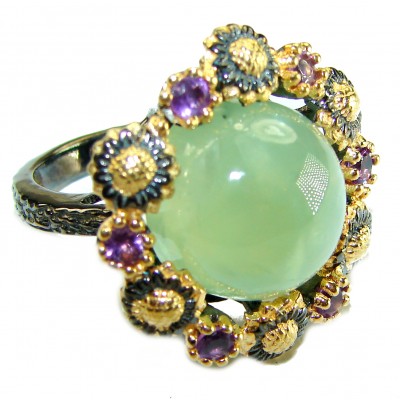 Marvelous Natural Moss Prehnite 2 tones .925 Sterling Silver handmade ring s. 7 1/2