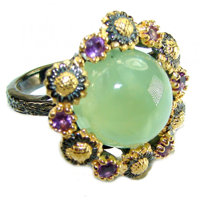 Marvelous Natural Moss Prehnite 2 tones .925 Sterling Silver handmade ring s. 7 1/2