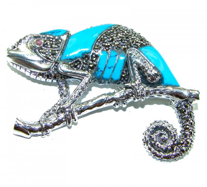 Spectacular Big Chameleon Lizard inlay Turquoise .925 Sterling Silver handmade Brooch - video