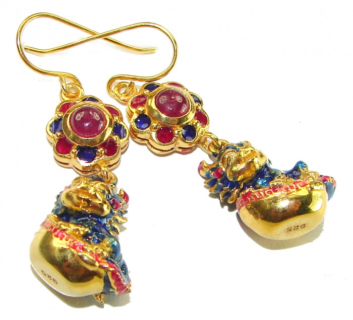 Green Lizards Authentic Ruby Enamel 18K Gold over .925 Sterling Silver handcrafted earrings
