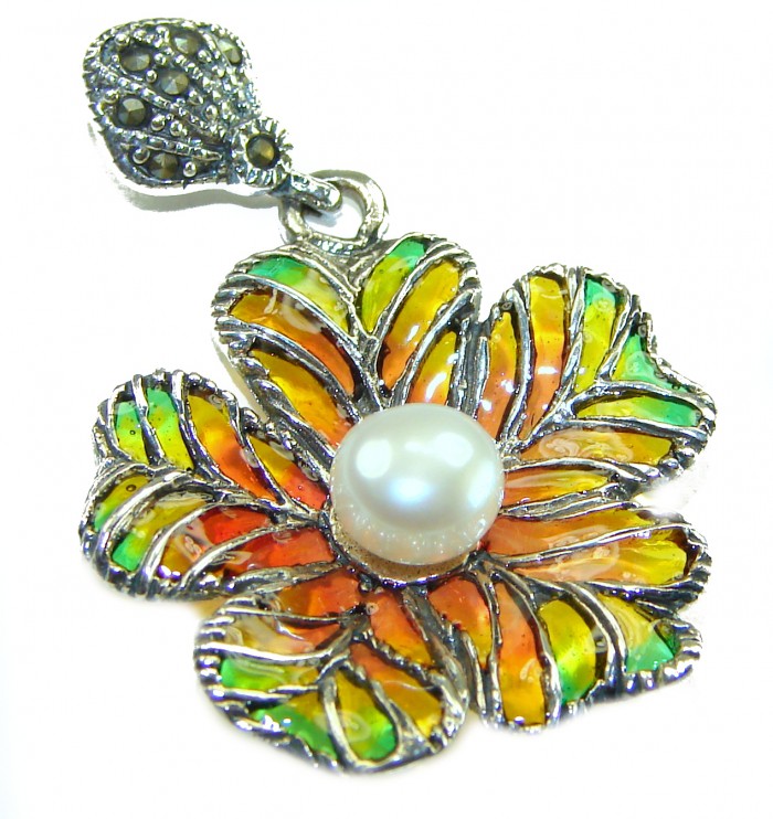 Masterpiece! Authentic Pearl Enamel .925 Sterling Silver handcrafted Pendant