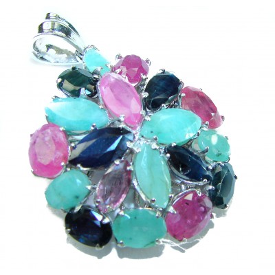 Precious Genuine 21.5 carat Emerald Ruby Sapphire .925 Sterling Silver handmade Pendant