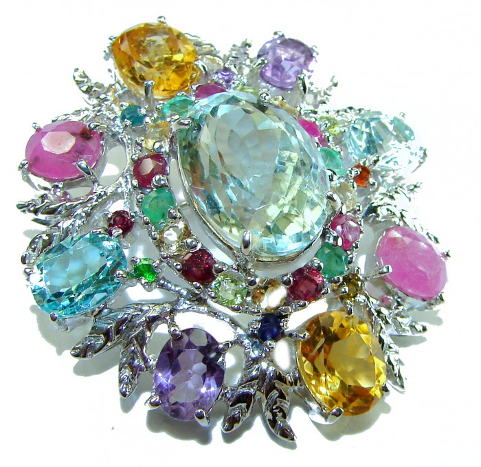 Blooming Garden Brooch - Authentic 55.5 carat Multigem 18K White Gold over .925 Sterling Silver handcrafted Pendant