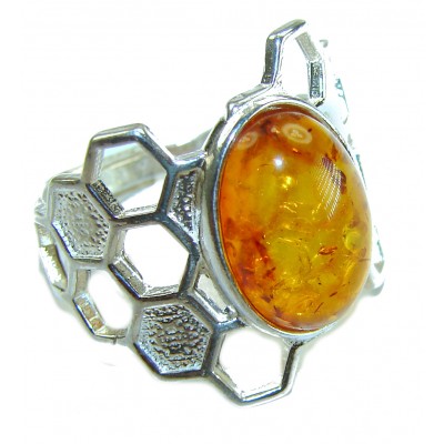 Beauty of the Nature Baltic Amber 2 tones .925 Sterling Silver handcrafted ring; s. 8 adjustable