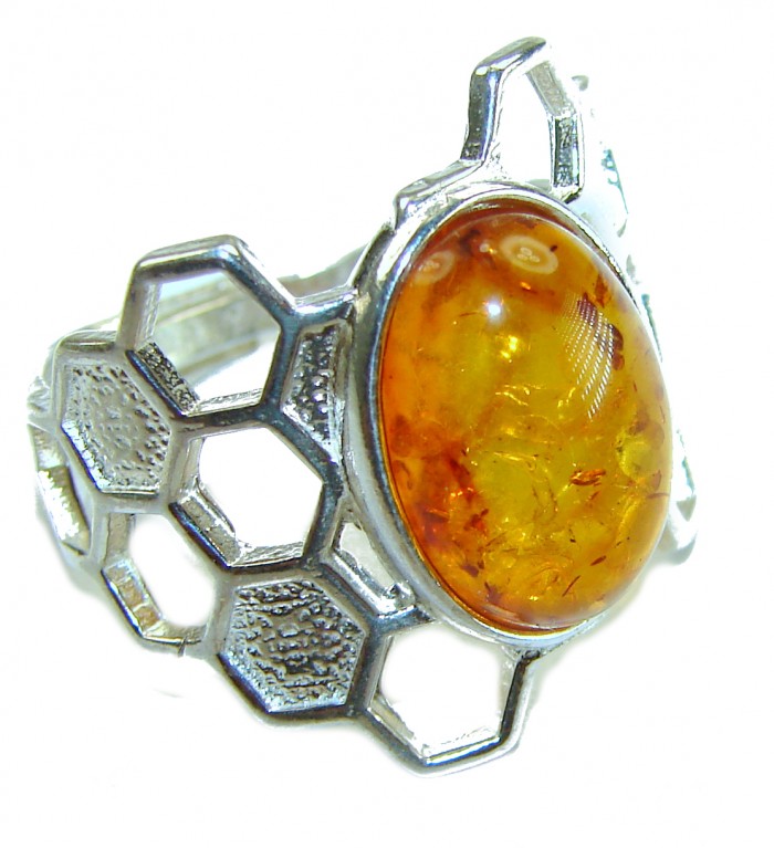 Beauty of the Nature Baltic Amber 2 tones .925 Sterling Silver handcrafted ring; s. 8 adjustable