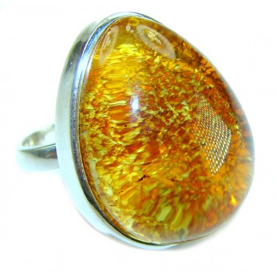 Beauty of the Nature Baltic Amber .925 Sterling Silver handcrafted ring; s. 8 adjustable