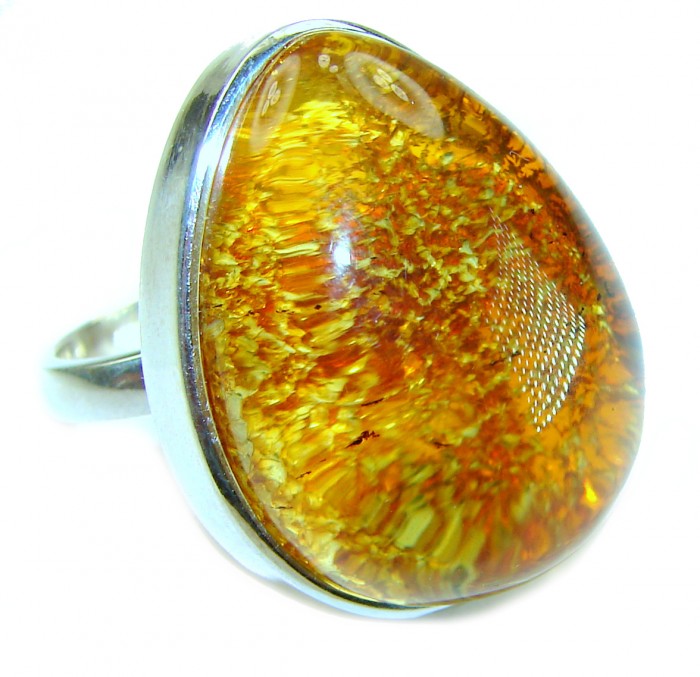 Beauty of the Nature Baltic Amber .925 Sterling Silver handcrafted ring; s. 8 adjustable