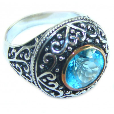 Divine Ocean 4.5 carat Swiss Blue Topaz 2 tones .925 Sterling Silver Handcrafted Ring size 7