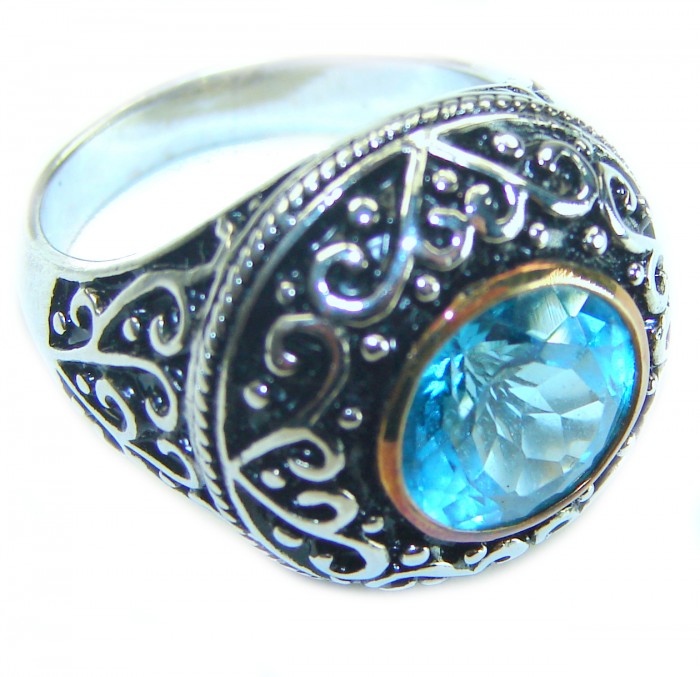 Divine Ocean 4.5 carat Swiss Blue Topaz 2 tones .925 Sterling Silver Handcrafted Ring size 7