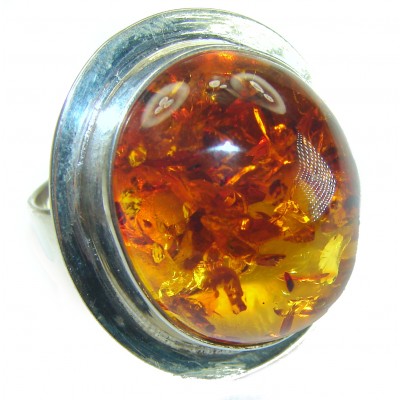 Large Golden Power Baltic Amber .925 Sterling Silver handcrafted ring; s. 8 adjustable