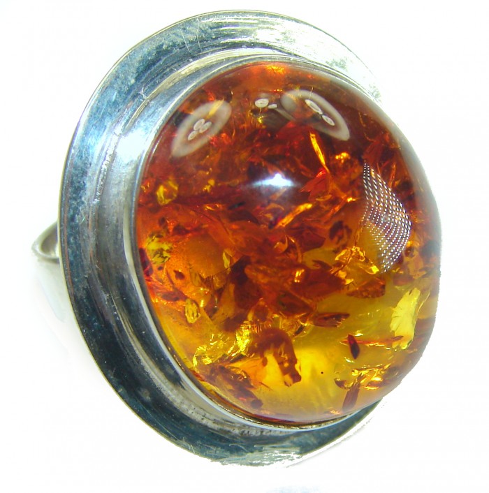 Large Golden Power Baltic Amber .925 Sterling Silver handcrafted ring; s. 8 adjustable
