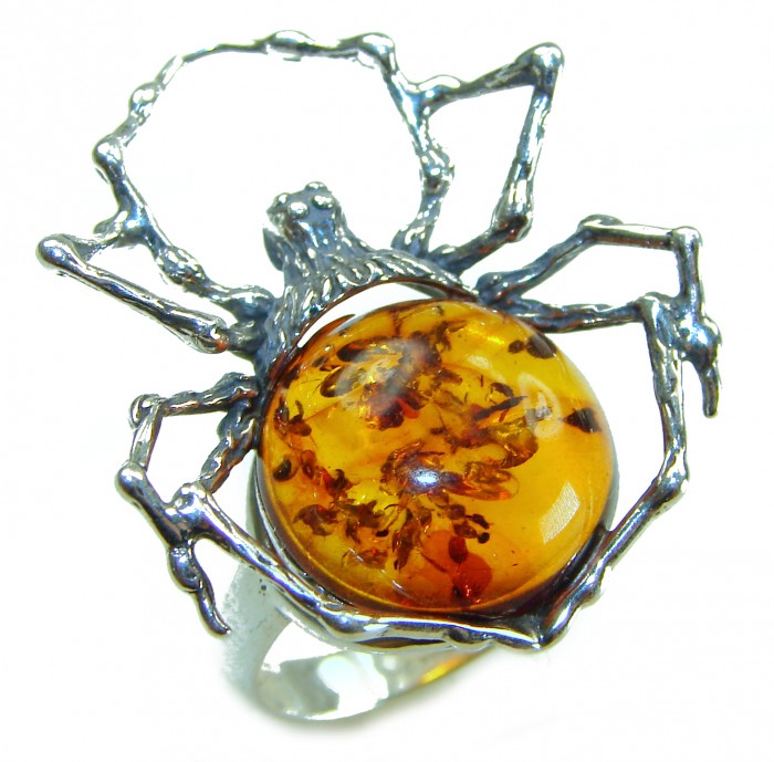 Golden Spider Authentic Baltic Amber .925 Sterling Silver handcrafted ring; s. 7 adjustable
