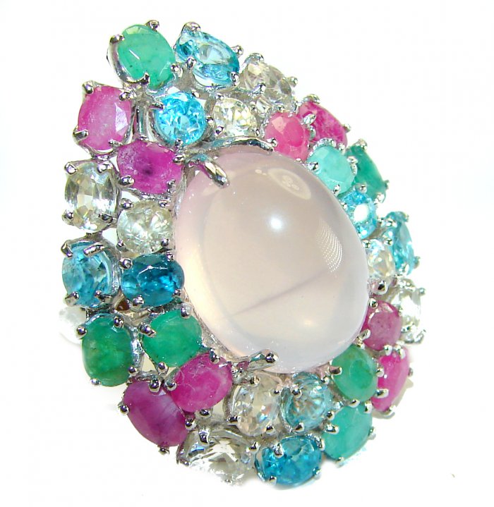 Marie Antoinette's STYLE authentic 32.5 carat Brazilian Rose Quartz .925 Sterling Silver handcrafted Statement ring; s. 8 - video