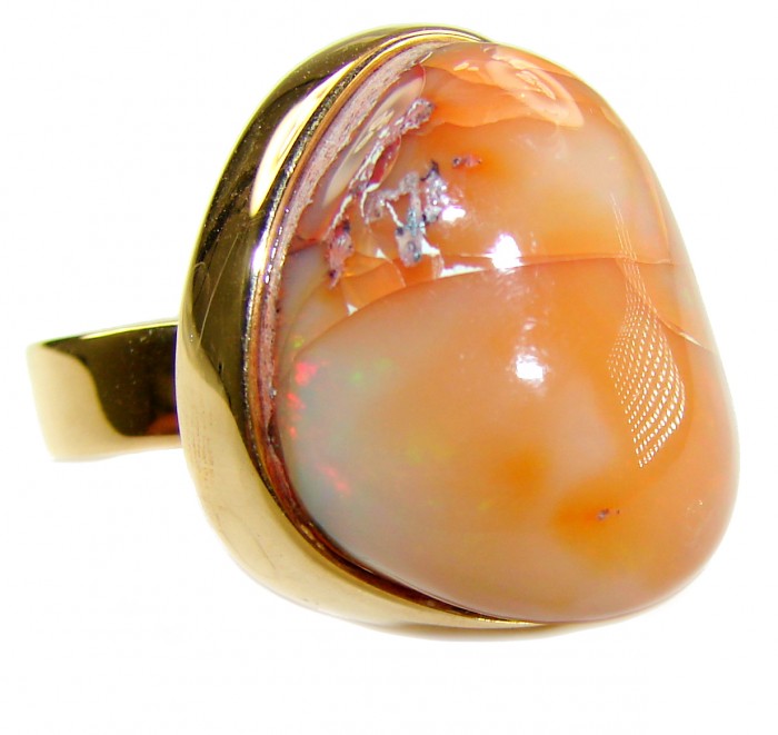 Inner Fire best quality 21.4 carat Mexican Opal 18K Gold over .925 Sterling Silver handmade ring 7 adjustable