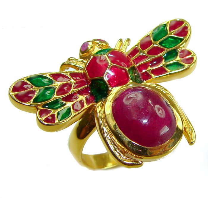 Lucky Bee Enamel 6.2 CARAT Ruby 18K Gold over .925 Sterling Silver Huge handcrafted Ring s. 7 1/2 - video