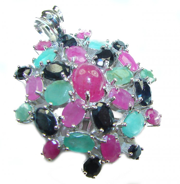 Penelope Red Ruby Emerald Sapphire 19.5 carat .925 Sterling Silver handmade Pendant