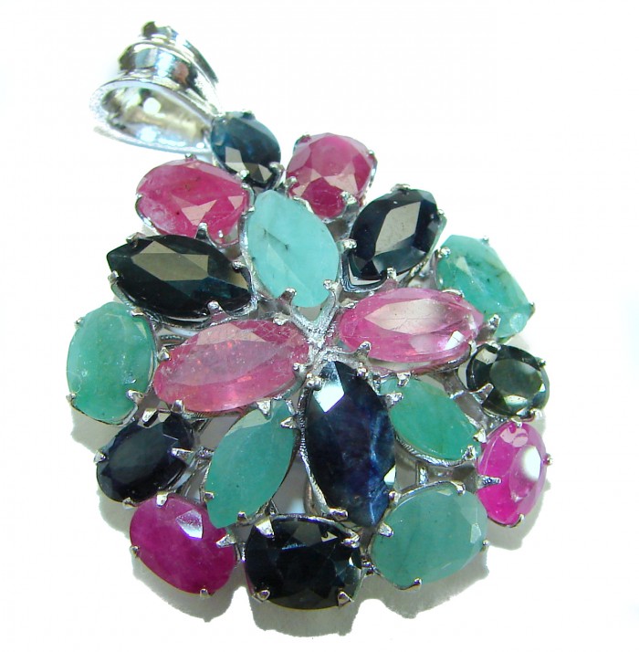 aUTHENTIC Red Ruby Emerald Sapphire 24.5 carat .925 Sterling Silver handmade Pendant