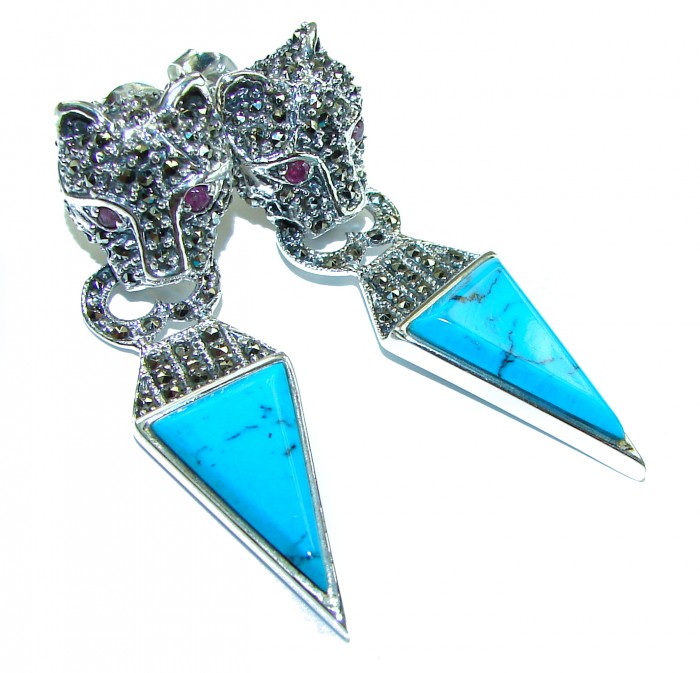 Spectacular Blue Panthers inlay Turquoise .925 Sterling Silver handcrafted Earrings